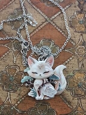 Cute White Fox Pendant Necklace with Green Accents